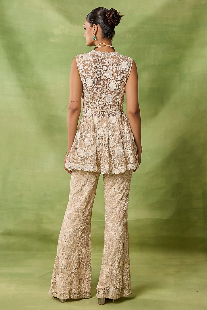 Champagne Organza & Net Embroidered Peplum Kurta Set by AWIGNA BY VARSHA & RITTU at Pernia's Pop Up Shop