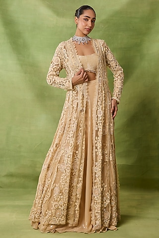 Champagne Organza & Net Embroidered Jacket Set by AWIGNA BY VARSHA & RITTU
