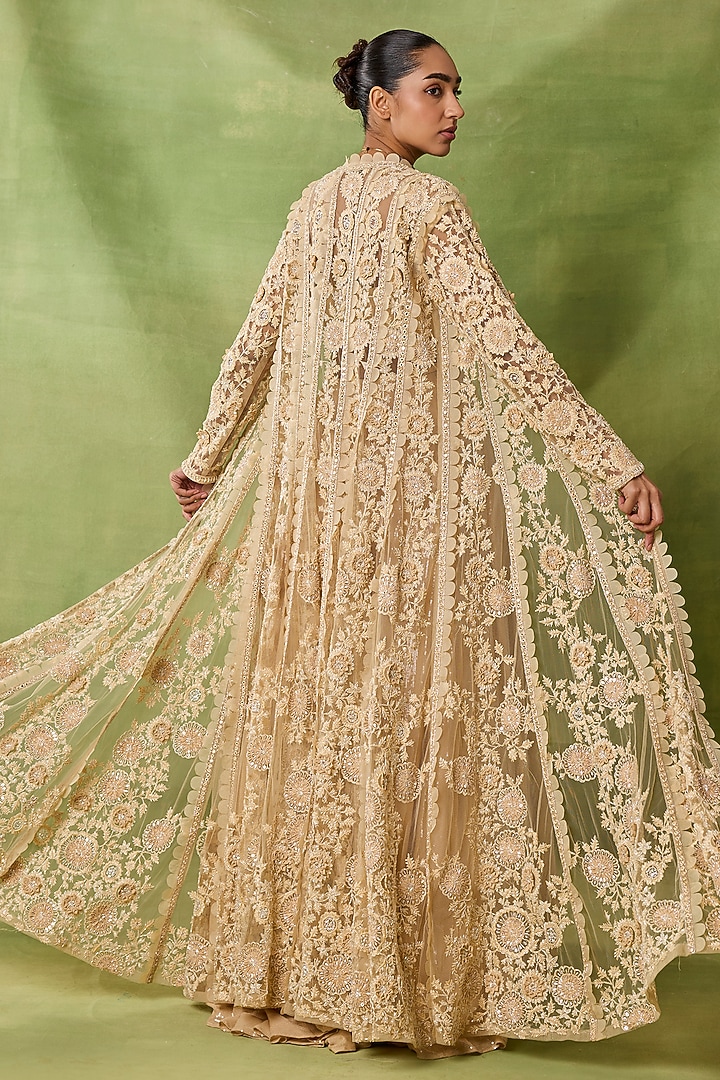Champagne Organza & Net Embroidered Jacket Set by AWIGNA BY VARSHA & RITTU at Pernia's Pop Up Shop
