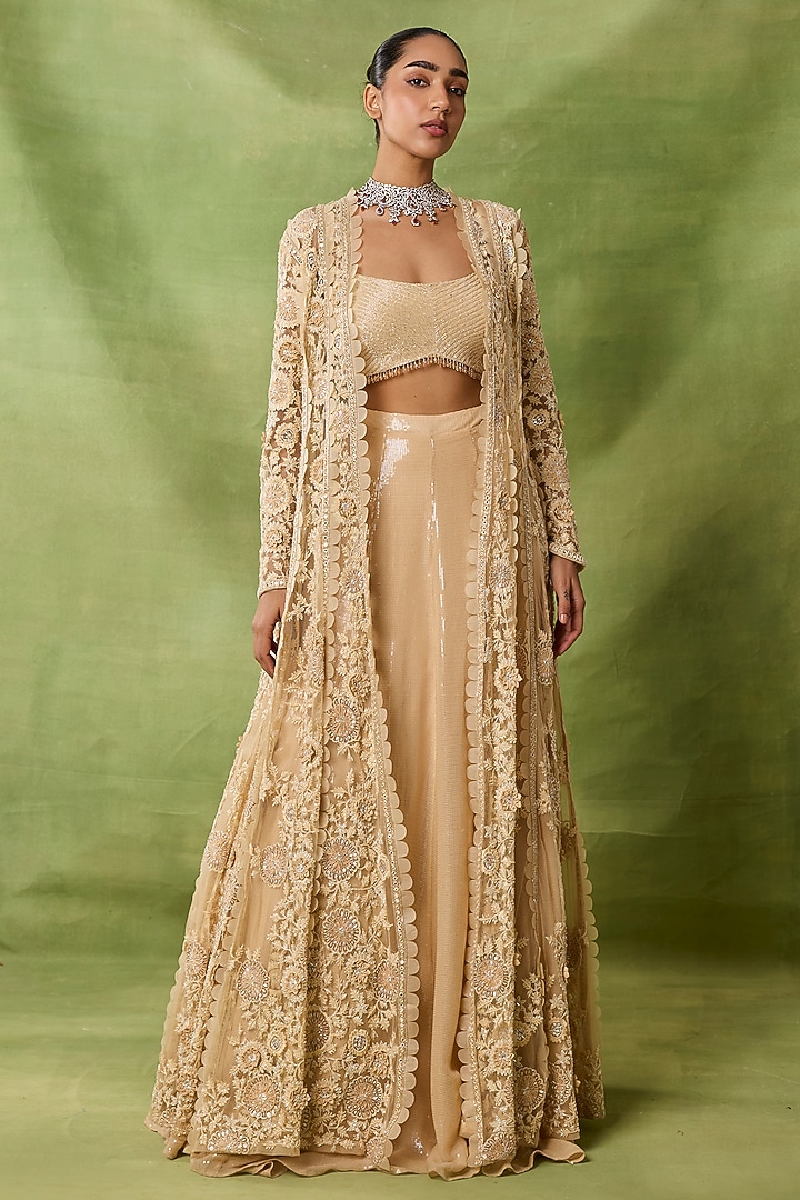 Champagne Organza & Net Embroidered Jacket Set by AWIGNA BY VARSHA & RITTU at Pernia's Pop Up Shop