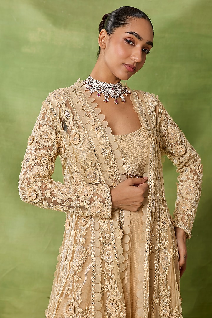 Champagne Organza & Net Embroidered Jacket Set by AWIGNA BY VARSHA & RITTU at Pernia's Pop Up Shop