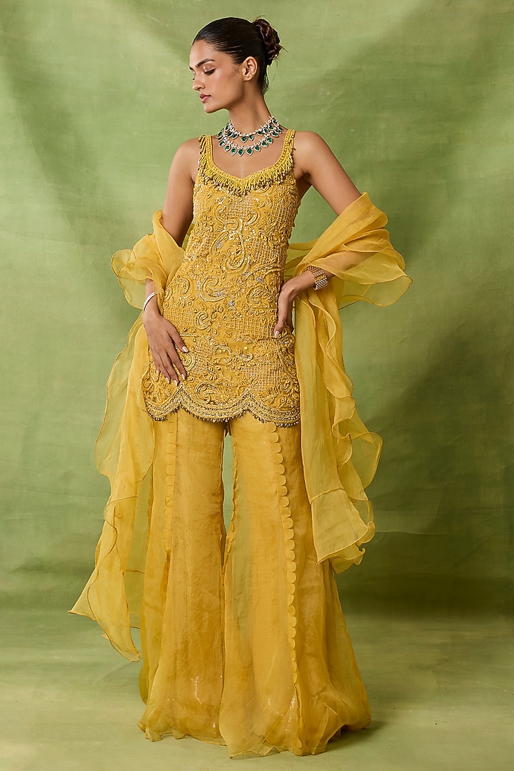 Yellow Organza & Net Wedding Sharara Set by AWIGNA BY VARSHA & RITTU at Pernia's Pop Up Shop