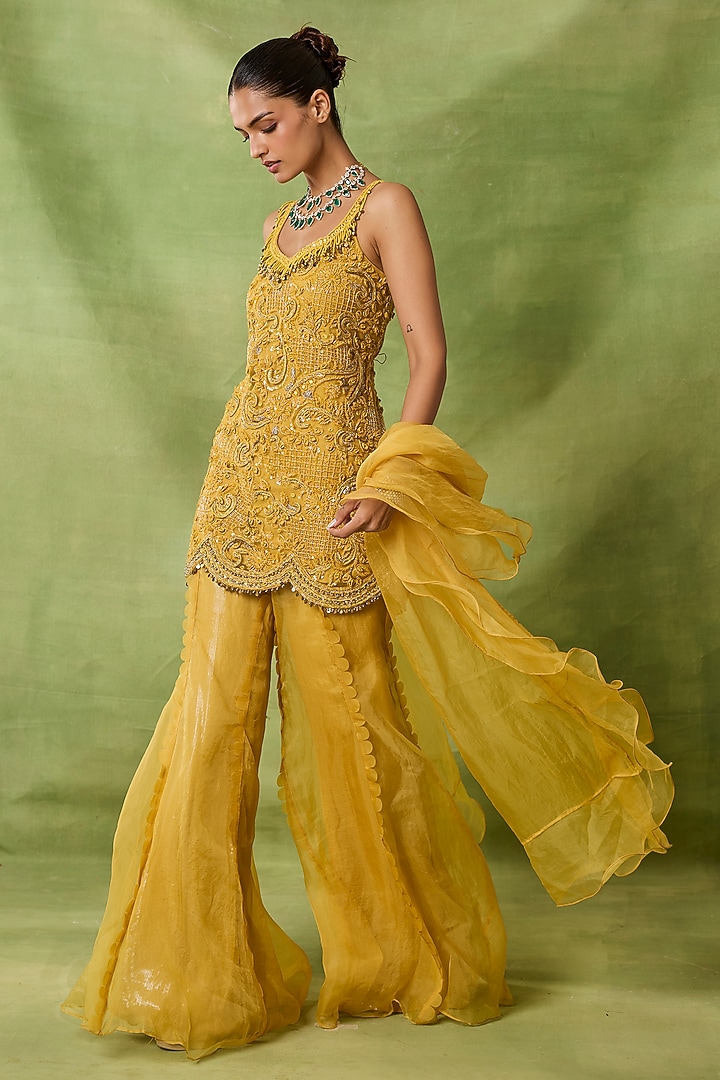 Yellow Organza & Net Wedding Sharara Set by AWIGNA BY VARSHA & RITTU at Pernia's Pop Up Shop