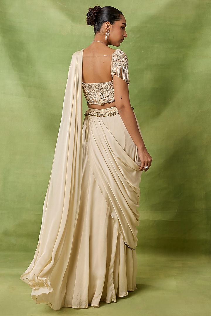 Ivory Silk Draped Wedding Saree Set by AWIGNA BY VARSHA & RITTU at Pernia's Pop Up Shop