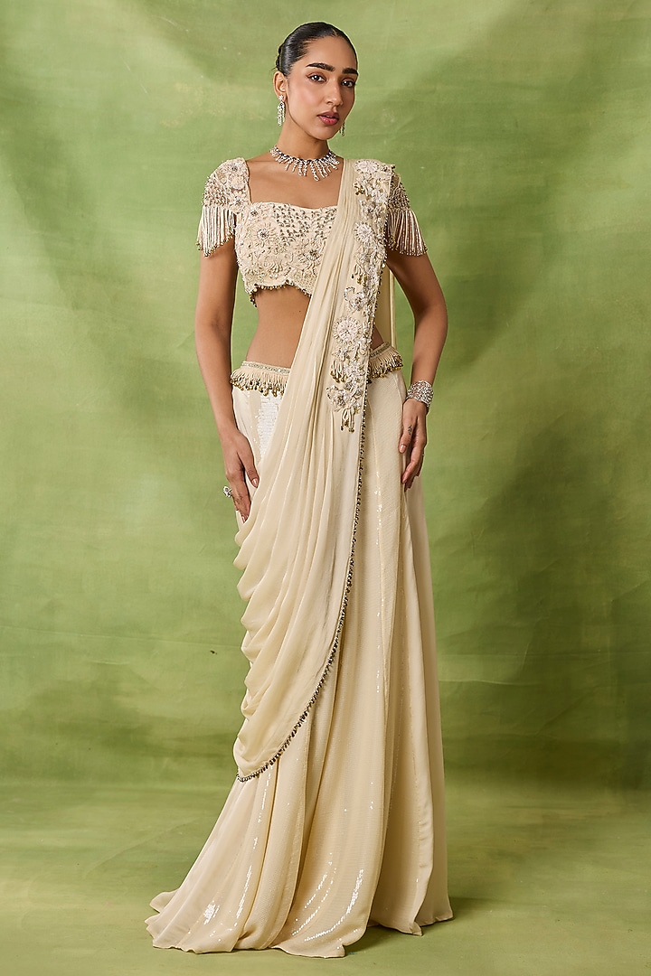 Ivory Silk Draped Wedding Saree Set by AWIGNA BY VARSHA & RITTU at Pernia's Pop Up Shop