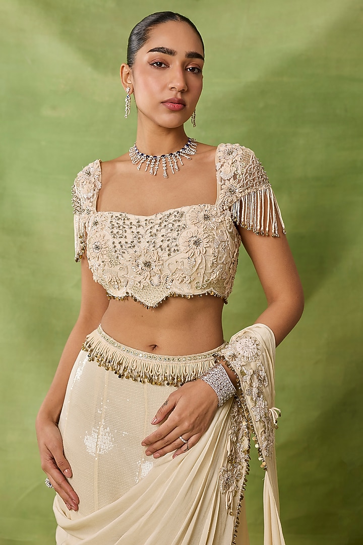 Ivory Silk Draped Wedding Saree Set by AWIGNA BY VARSHA & RITTU at Pernia's Pop Up Shop