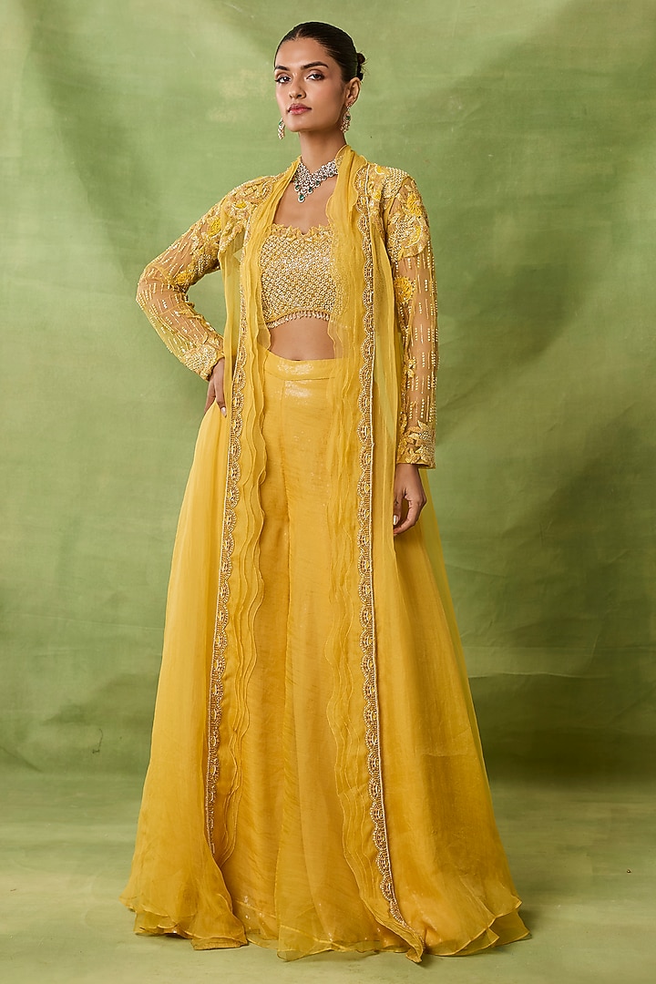 Yellow Organza & Net Jacket Set by AWIGNA BY VARSHA & RITTU at Pernia's Pop Up Shop