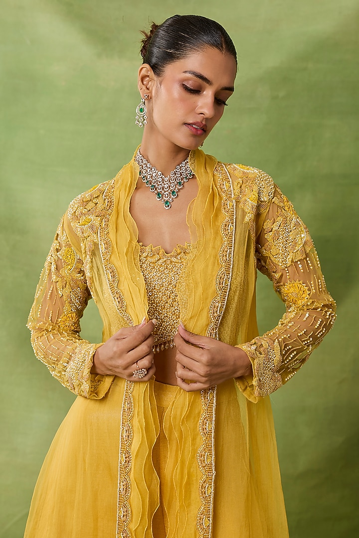 Yellow Organza & Net Jacket Set by AWIGNA BY VARSHA & RITTU at Pernia's Pop Up Shop