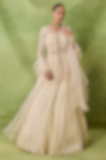 Ivory Organza & Net Boota Embroidered Wedding Lehenga Set by AWIGNA BY VARSHA & RITTU at Pernia's Pop Up Shop