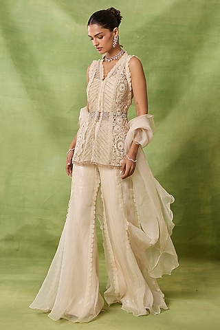 Ivory Organza & Net Sharara Set by AWIGNA BY VARSHA & RITTU