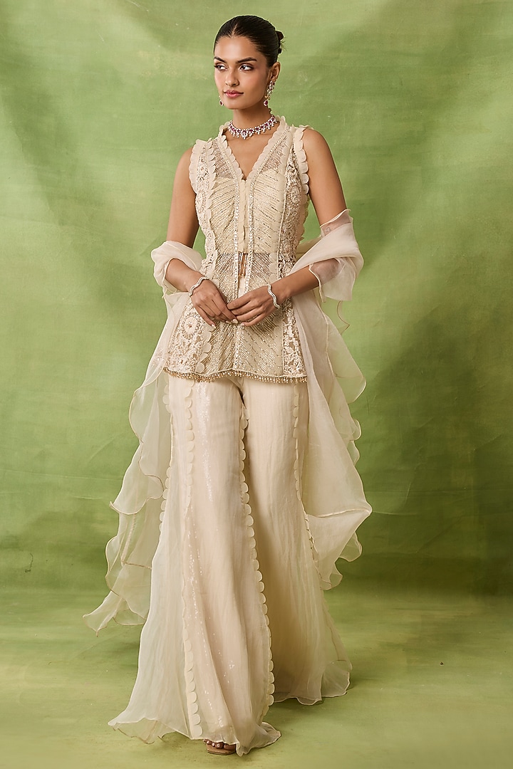 Ivory Organza & Net Wedding Sharara Set by AWIGNA BY VARSHA & RITTU at Pernia's Pop Up Shop