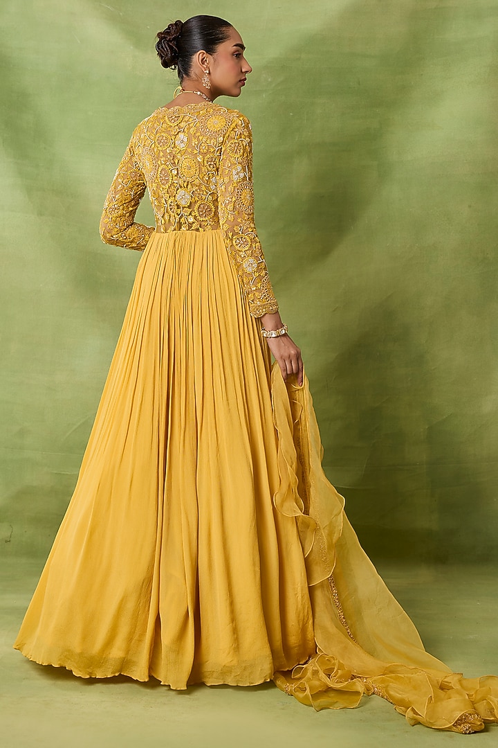 Yellow Chiffon & Net Embroidered Wedding Anarkali Set by AWIGNA BY VARSHA & RITTU at Pernia's Pop Up Shop
