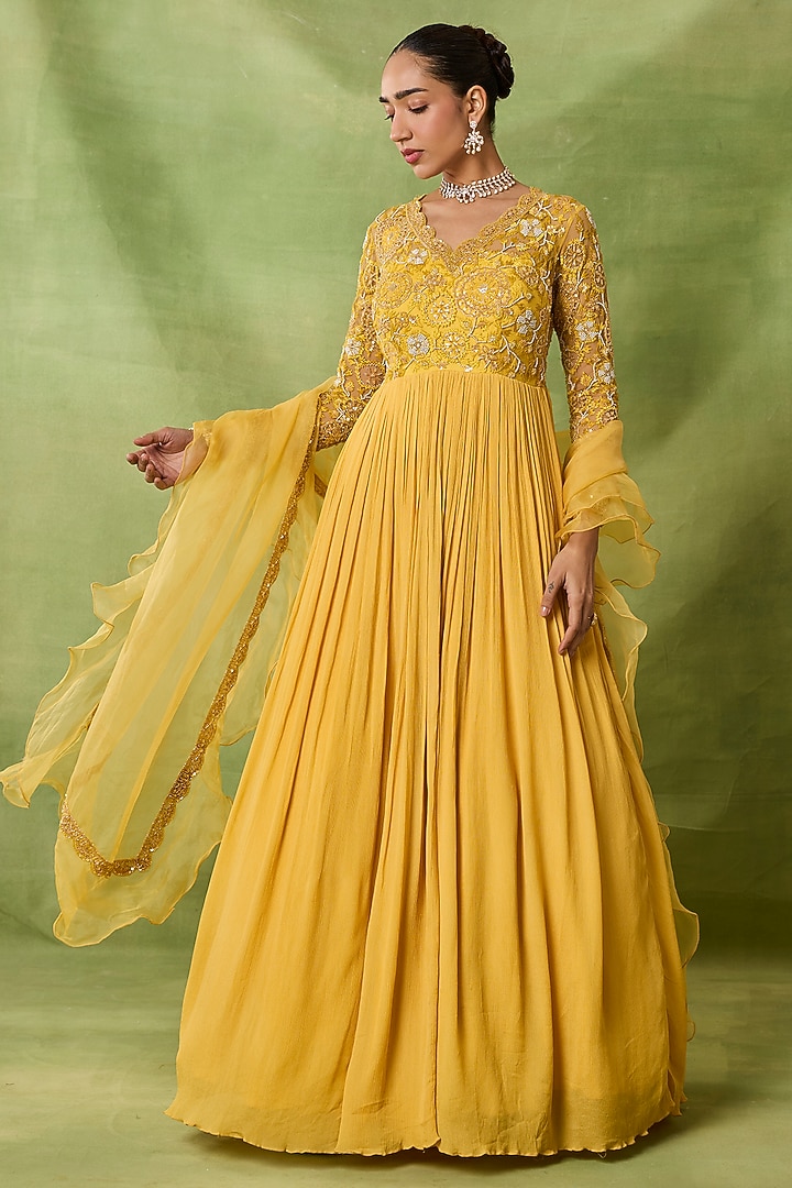 Yellow Chiffon & Net Embroidered Wedding Anarkali Set by AWIGNA BY VARSHA & RITTU at Pernia's Pop Up Shop