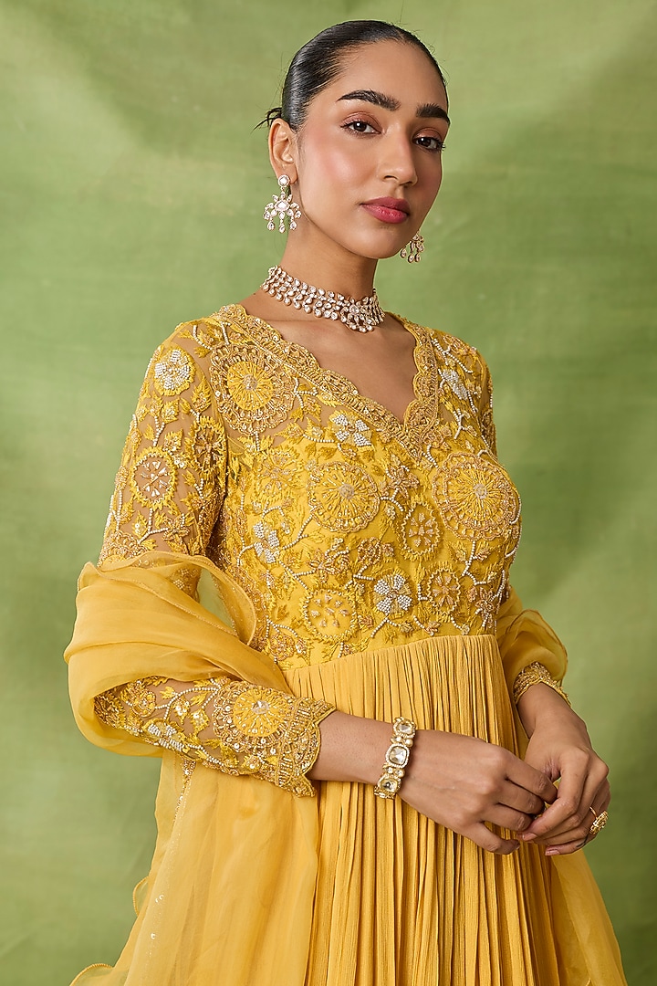 Yellow Chiffon & Net Embroidered Wedding Anarkali Set by AWIGNA BY VARSHA & RITTU at Pernia's Pop Up Shop
