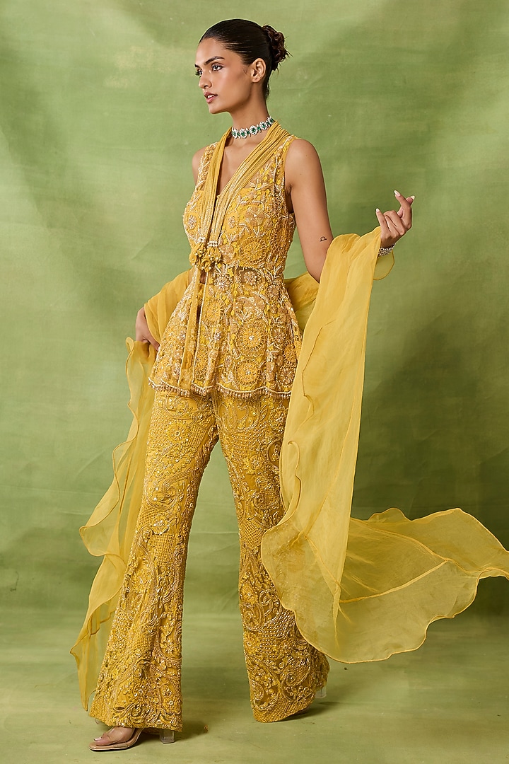 Yellow Net Embroidered Pant Set by AWIGNA BY VARSHA & RITTU at Pernia's Pop Up Shop