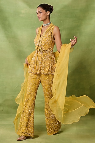 Yellow Net Embroidered Pant Set by AWIGNA BY VARSHA & RITTU