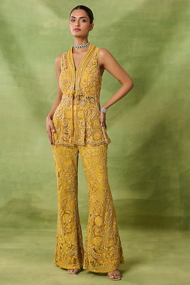 Yellow Net Embroidered Pant Set by AWIGNA BY VARSHA & RITTU at Pernia's Pop Up Shop