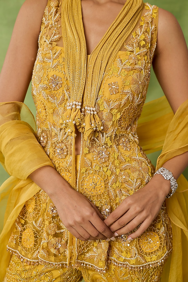 Yellow Net Embroidered Pant Set by AWIGNA BY VARSHA & RITTU at Pernia's Pop Up Shop