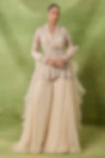 Ivory Organza & Net Boota Embroidered Wedding Sharara Set by AWIGNA BY VARSHA & RITTU at Pernia's Pop Up Shop