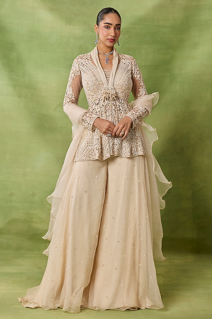 Ivory Organza & Net Boota Embroidered Wedding Sharara Set by AWIGNA BY VARSHA & RITTU at Pernia's Pop Up Shop