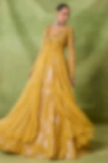 Yellow Organza & Net Bead Embroidered Jacket Set by AWIGNA BY VARSHA & RITTU at Pernia's Pop Up Shop