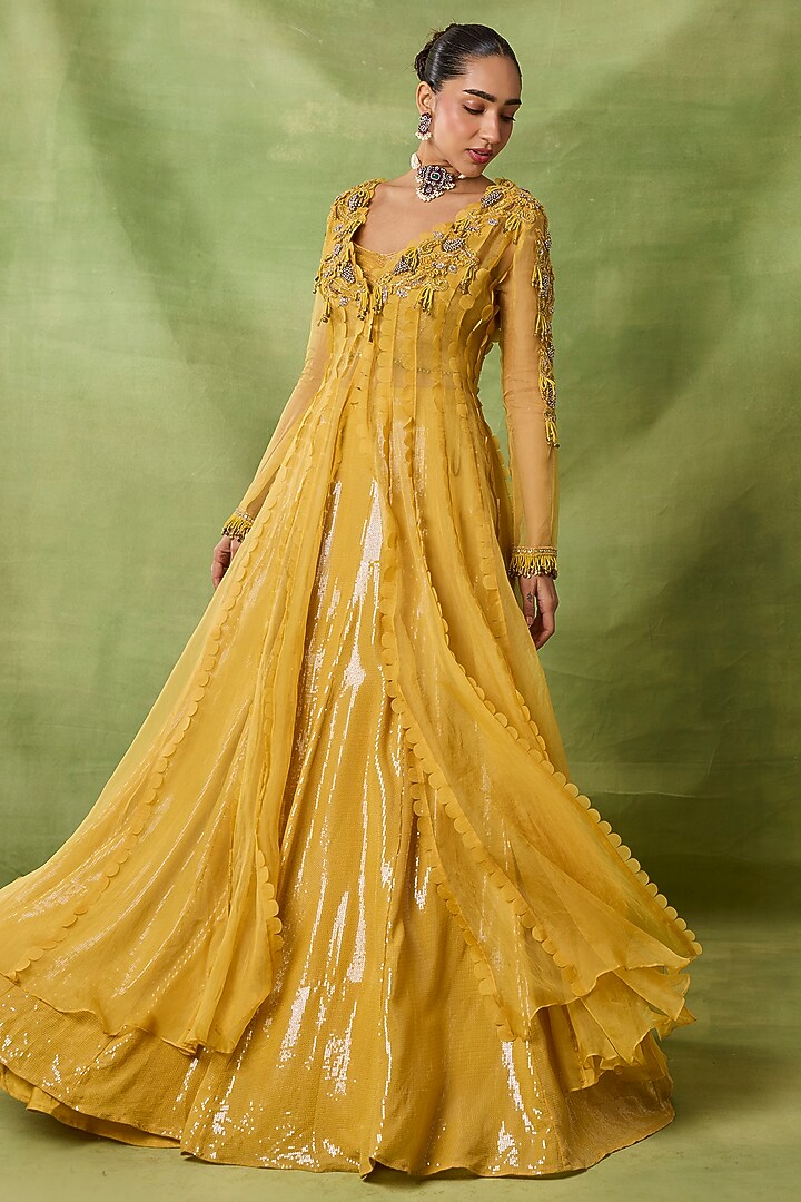 Yellow Organza & Net Bead Embroidered Jacket Set by AWIGNA BY VARSHA & RITTU at Pernia's Pop Up Shop