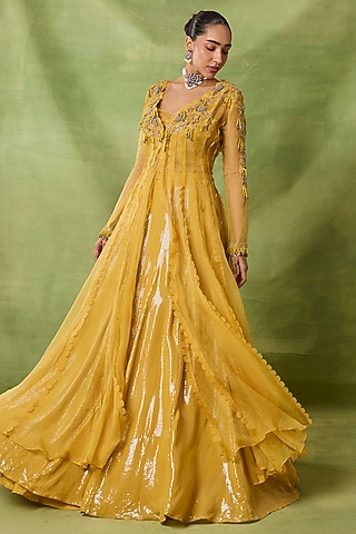Yellow Organza & Net Bead Embroidered Jacket Set by AWIGNA BY VARSHA & RITTU