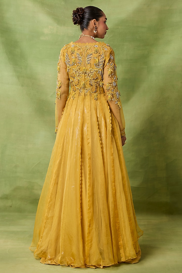 Yellow Organza & Net Bead Embroidered Jacket Set by AWIGNA BY VARSHA & RITTU at Pernia's Pop Up Shop