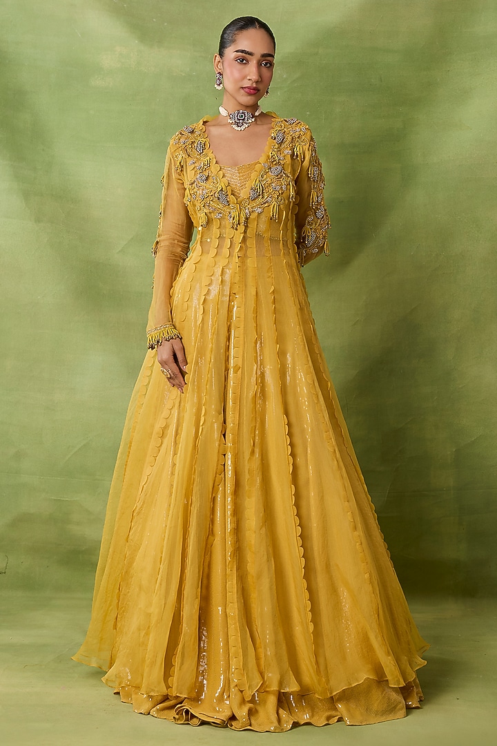 Yellow Organza & Net Bead Embroidered Jacket Set by AWIGNA BY VARSHA & RITTU at Pernia's Pop Up Shop