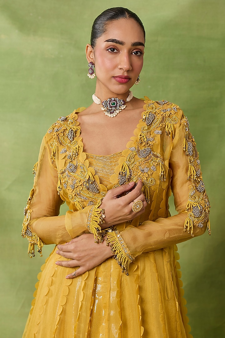 Yellow Organza & Net Bead Embroidered Jacket Set by AWIGNA BY VARSHA & RITTU at Pernia's Pop Up Shop
