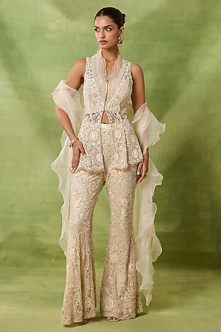 Ivory Organza & Net Embroidered Pant Set by AWIGNA BY VARSHA & RITTU