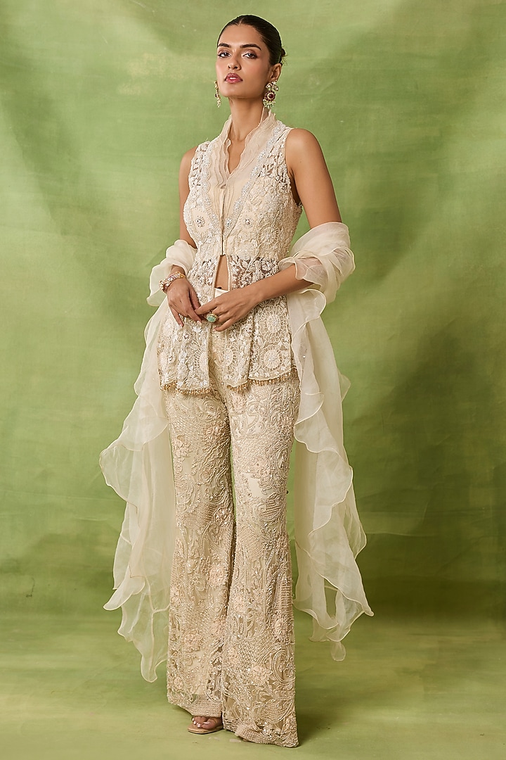 Ivory Organza & Net Embroidered Pant Set by AWIGNA BY VARSHA & RITTU at Pernia's Pop Up Shop