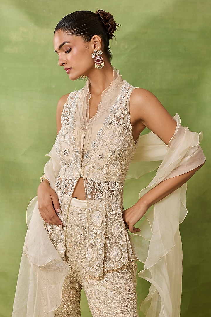 Ivory Organza & Net Embroidered Pant Set by AWIGNA BY VARSHA & RITTU at Pernia's Pop Up Shop
