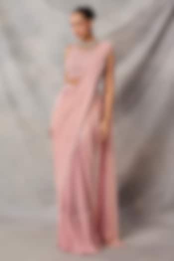 Pink Satin Georgette & Sequins Draped Wedding Saree Set by AWIGNA BY VARSHA & RITTU at Pernia's Pop Up Shop