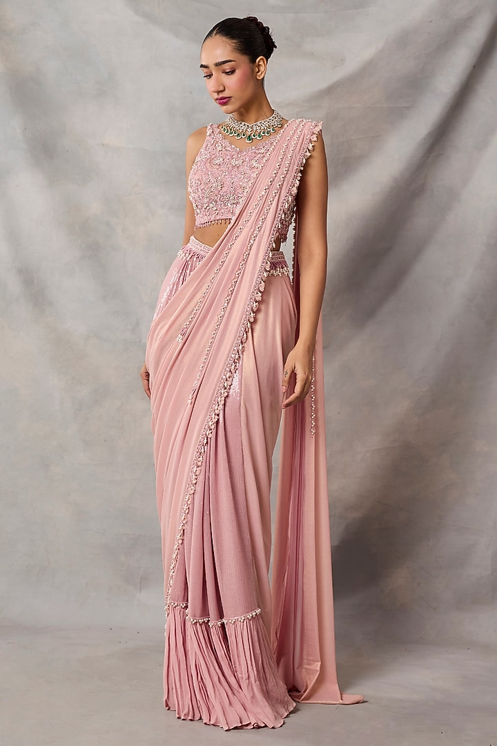 Pink Satin Georgette & Sequins Draped Wedding Saree Set by AWIGNA BY VARSHA & RITTU at Pernia's Pop Up Shop