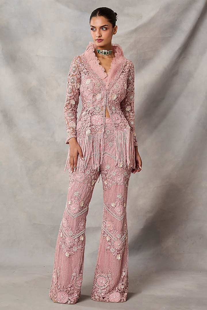 Pink Net Embroidered Pant Set by AWIGNA BY VARSHA & RITTU at Pernia's Pop Up Shop