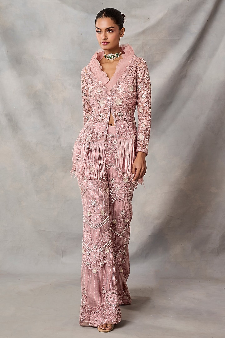 Pink Net Embroidered Pant Set by AWIGNA BY VARSHA & RITTU at Pernia's Pop Up Shop