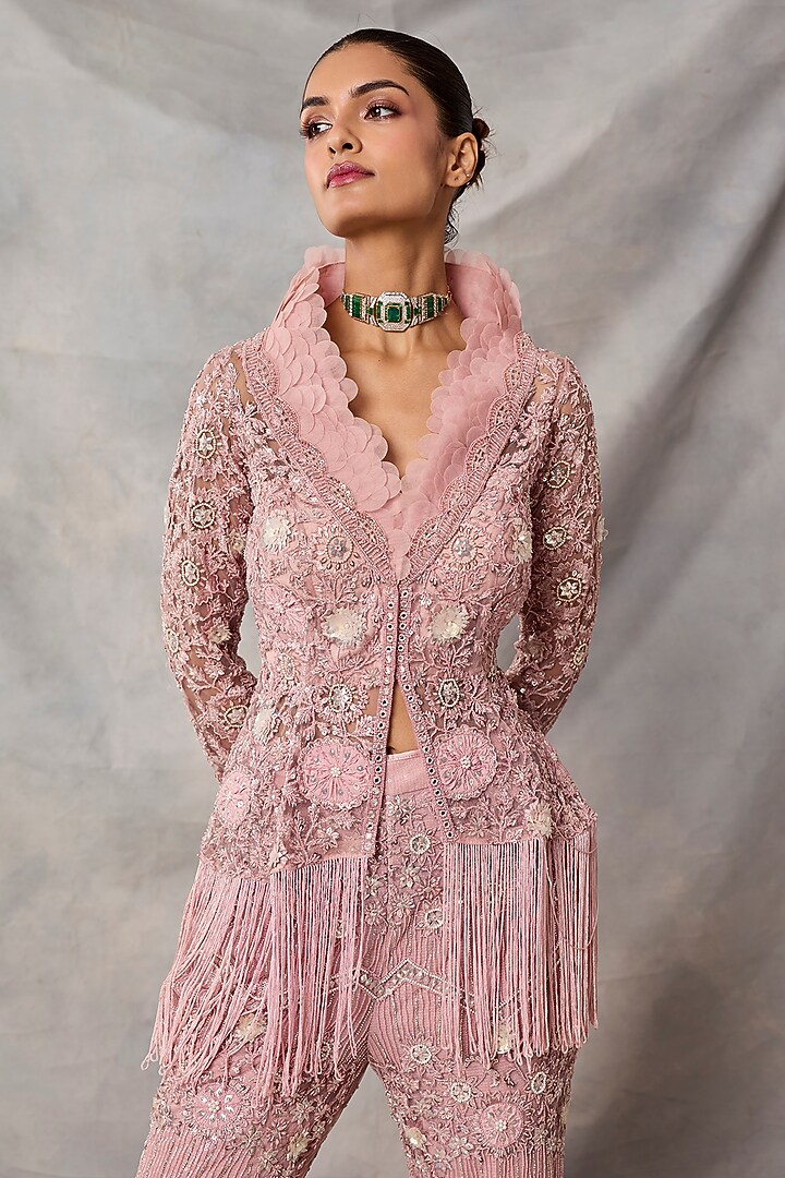 Pink Net Embroidered Pant Set by AWIGNA BY VARSHA & RITTU at Pernia's Pop Up Shop