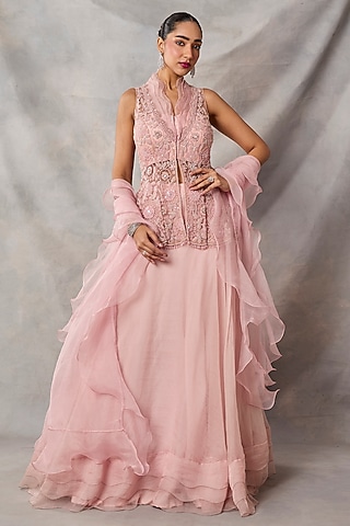 Pink Net Lehenga Set by AWIGNA BY VARSHA & RITTU
