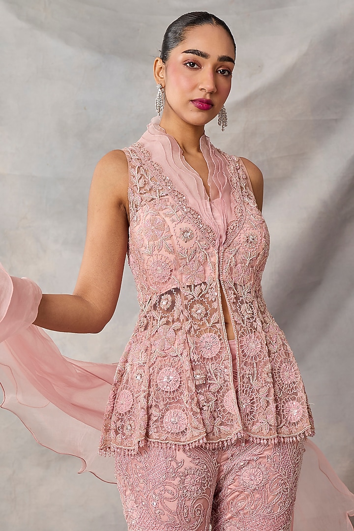 Pink Organza & Net Embroidered Pant Set by AWIGNA BY VARSHA & RITTU at Pernia's Pop Up Shop