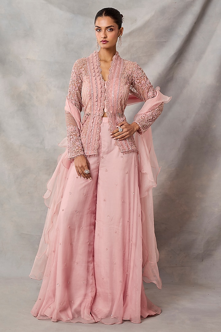 Pink Organza & Net Boota Embroidered Wedding Sharara Set by AWIGNA BY VARSHA & RITTU at Pernia's Pop Up Shop