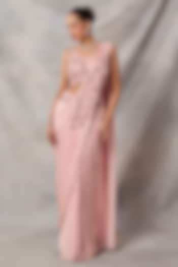 Pink Satin Georgette Draped Wedding Saree Set by AWIGNA BY VARSHA & RITTU at Pernia's Pop Up Shop