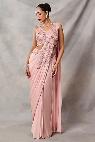 Pink Satin Georgette Draped Saree Set by AWIGNA BY VARSHA & RITTU