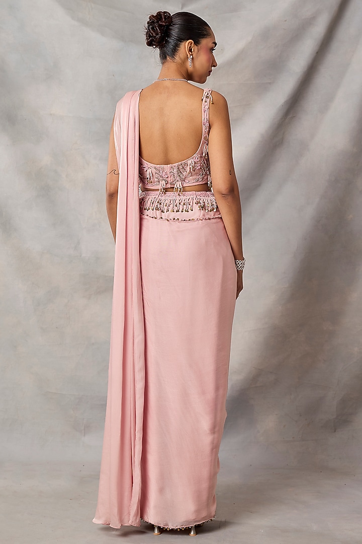 Pink Satin Georgette Draped Wedding Saree Set by AWIGNA BY VARSHA & RITTU at Pernia's Pop Up Shop
