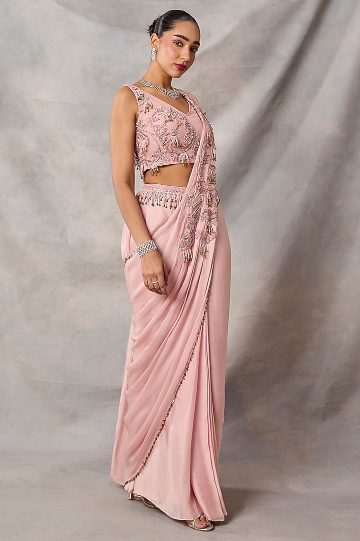 Pink Satin Georgette Draped Wedding Saree Set by AWIGNA BY VARSHA & RITTU at Pernia's Pop Up Shop