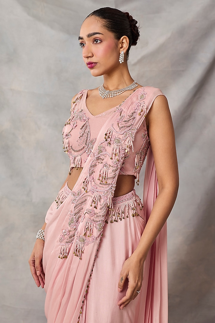 Pink Satin Georgette Draped Wedding Saree Set by AWIGNA BY VARSHA & RITTU at Pernia's Pop Up Shop