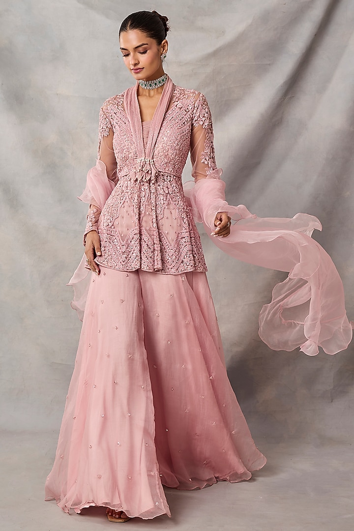 Pink Organza & Net Boota Embroidered Wedding Sharara Set by AWIGNA BY VARSHA & RITTU at Pernia's Pop Up Shop