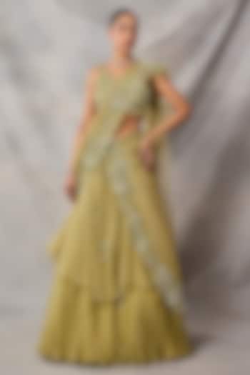 Sage Green Organza & Net Skirt Reception Saree Set by AWIGNA BY VARSHA & RITTU at Pernia's Pop Up Shop