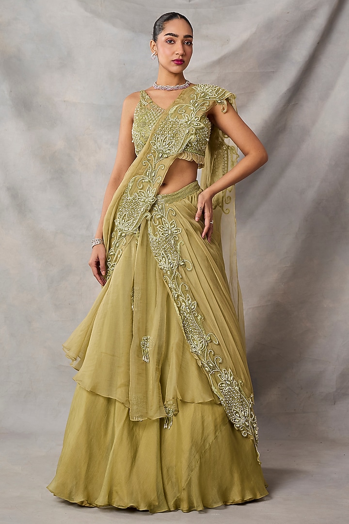 Sage Green Organza & Net Skirt Reception Saree Set by AWIGNA BY VARSHA & RITTU at Pernia's Pop Up Shop