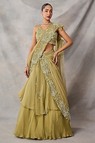 Sage Green Organza & Net Skirt Saree Set by AWIGNA BY VARSHA & RITTU